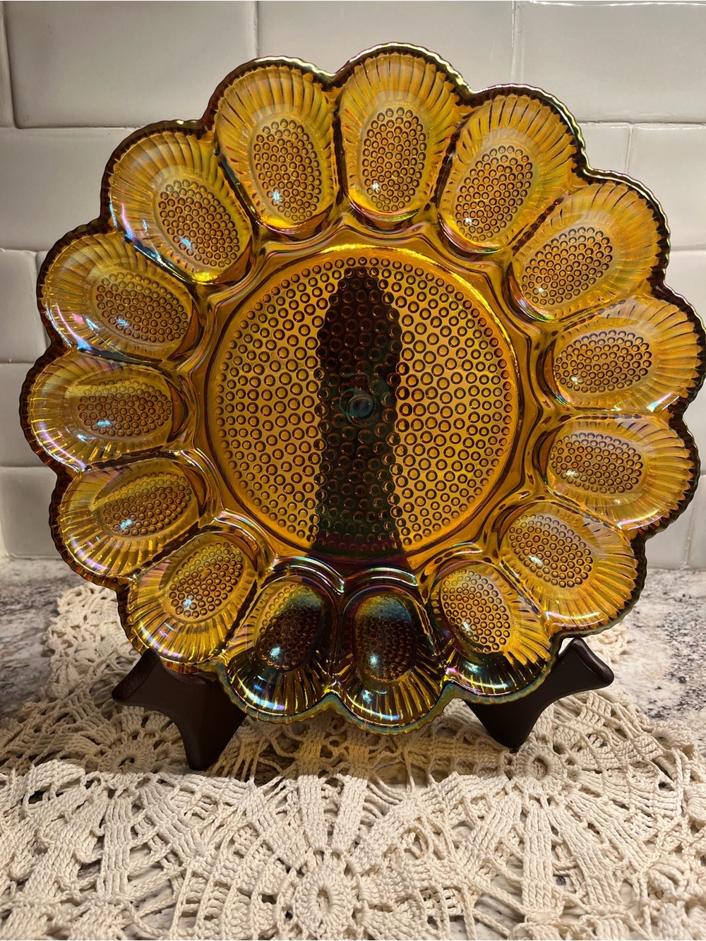 Indiana Glass Deviled Egg Dish/Plate in Amber Iridescent Carnival Glass